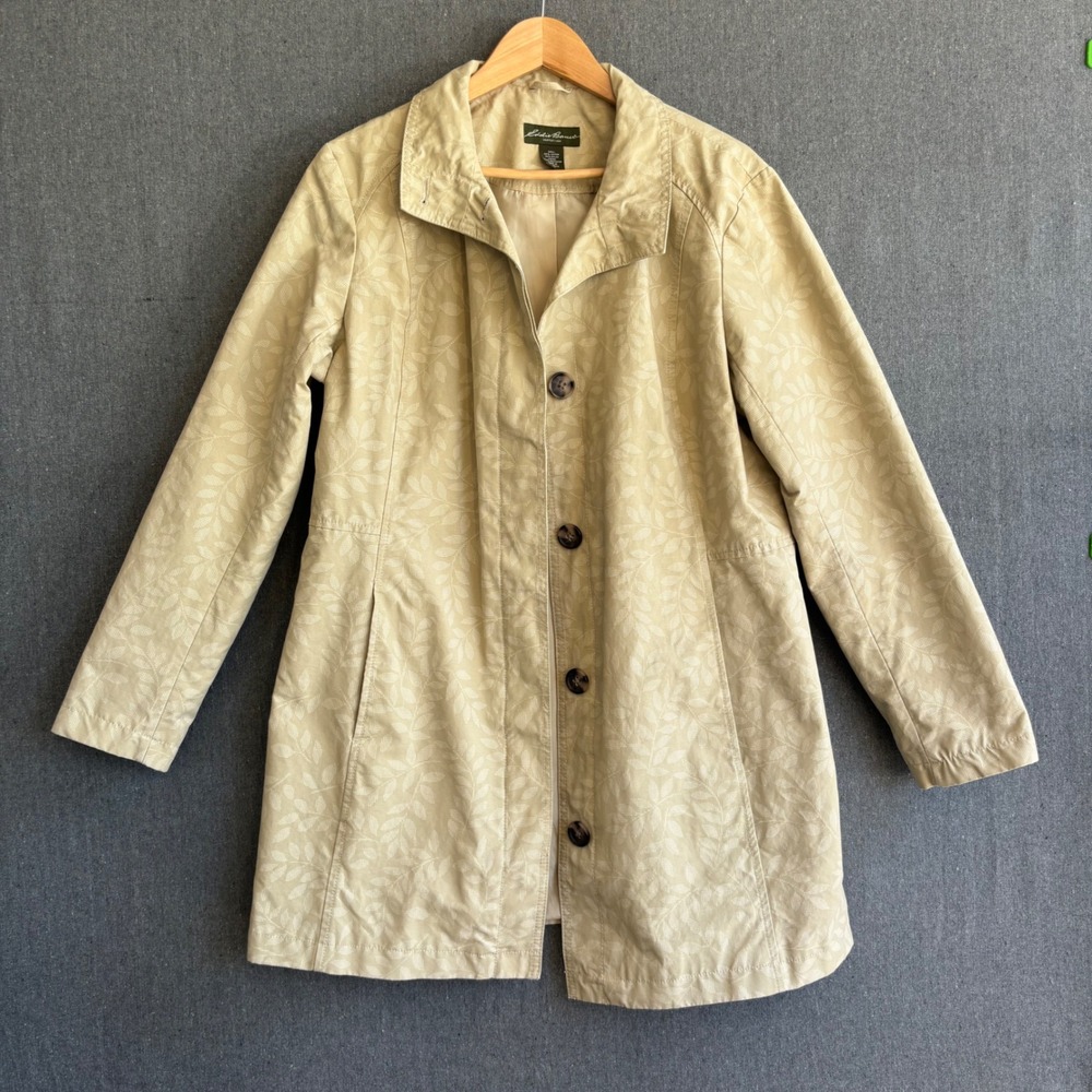 Eddie Bauer Trench Coat Womens XL Tan Excellent Leafā Print Cotton Nylon Jacket